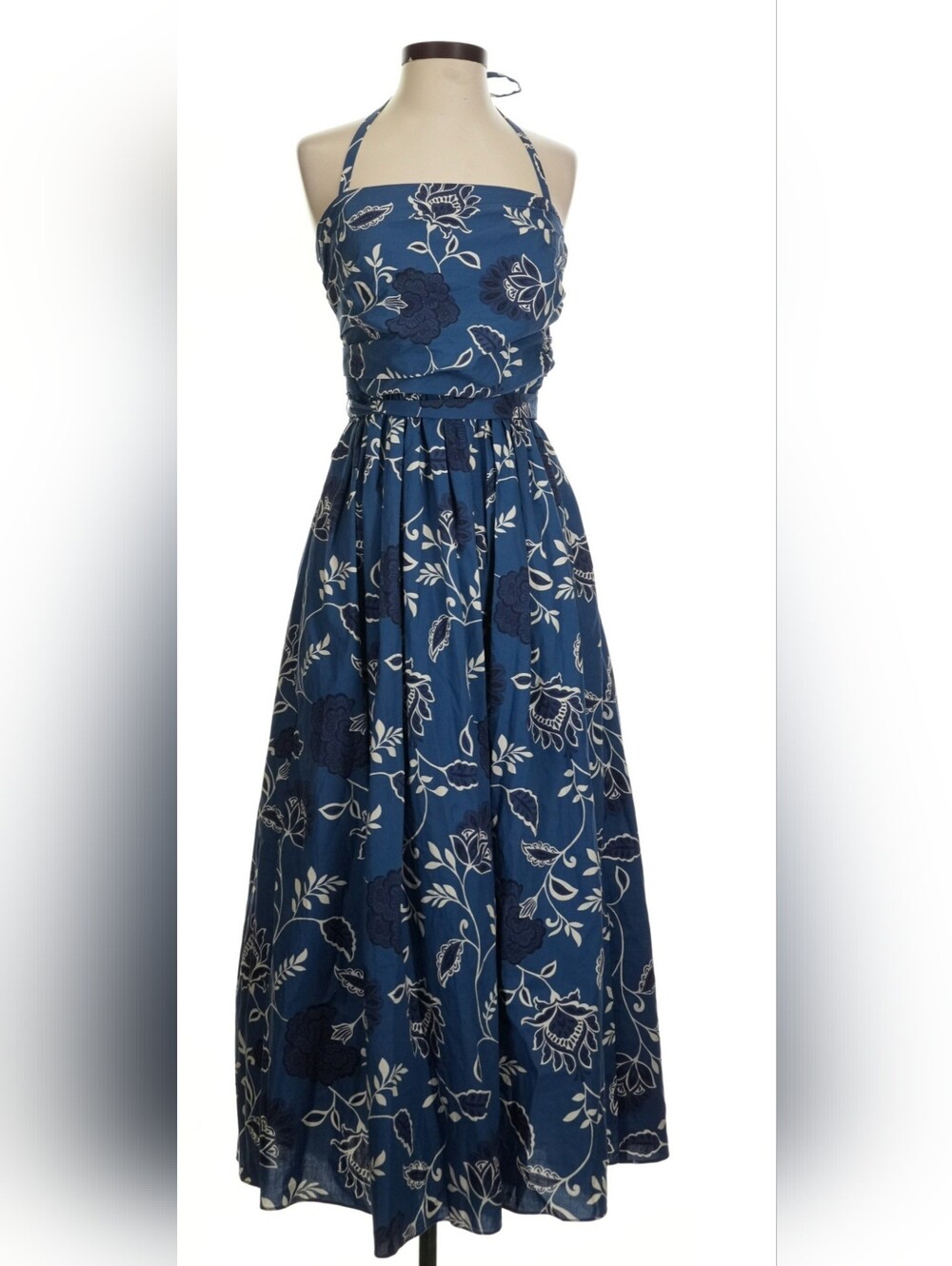 Tanya Taylor Navy Blue Floral Halter Midi Dress